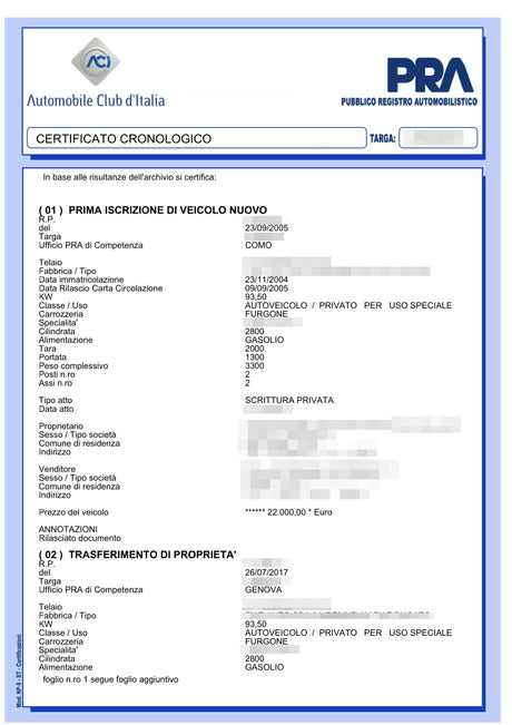 Certificato cronologico PRA Online