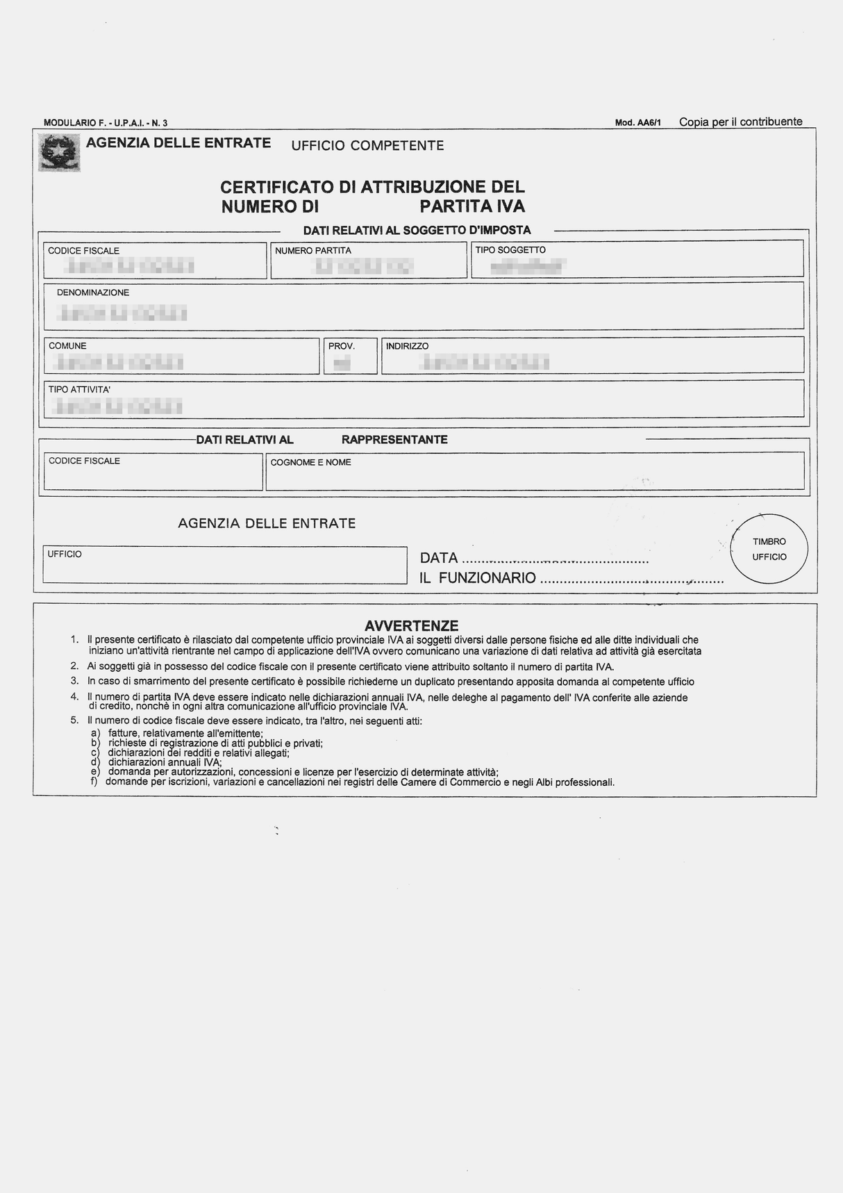 Certificato attribuzione partita iva Online