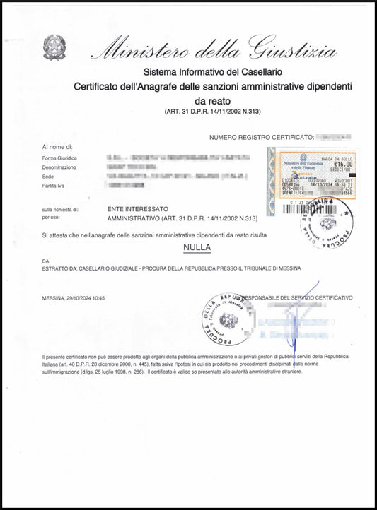Certificato sanzioni amministrative