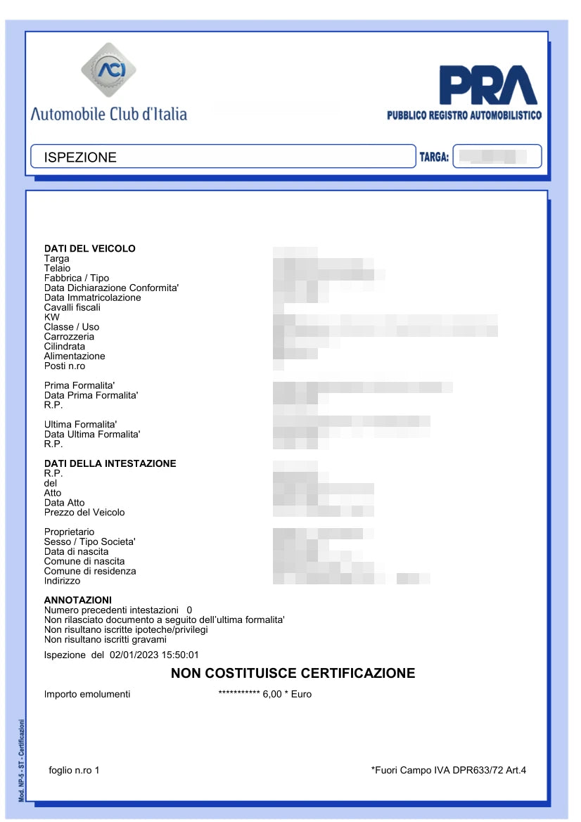 Visura Targa Pra Online in un click