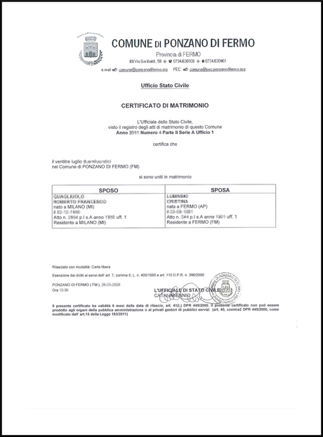certificato di matrimonio Online