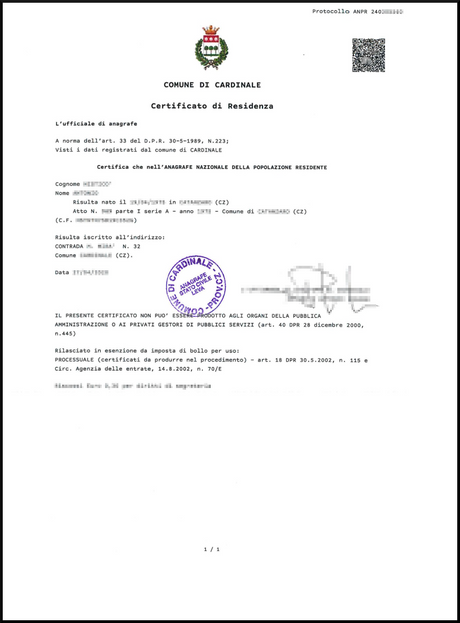 certificato di residenza Online